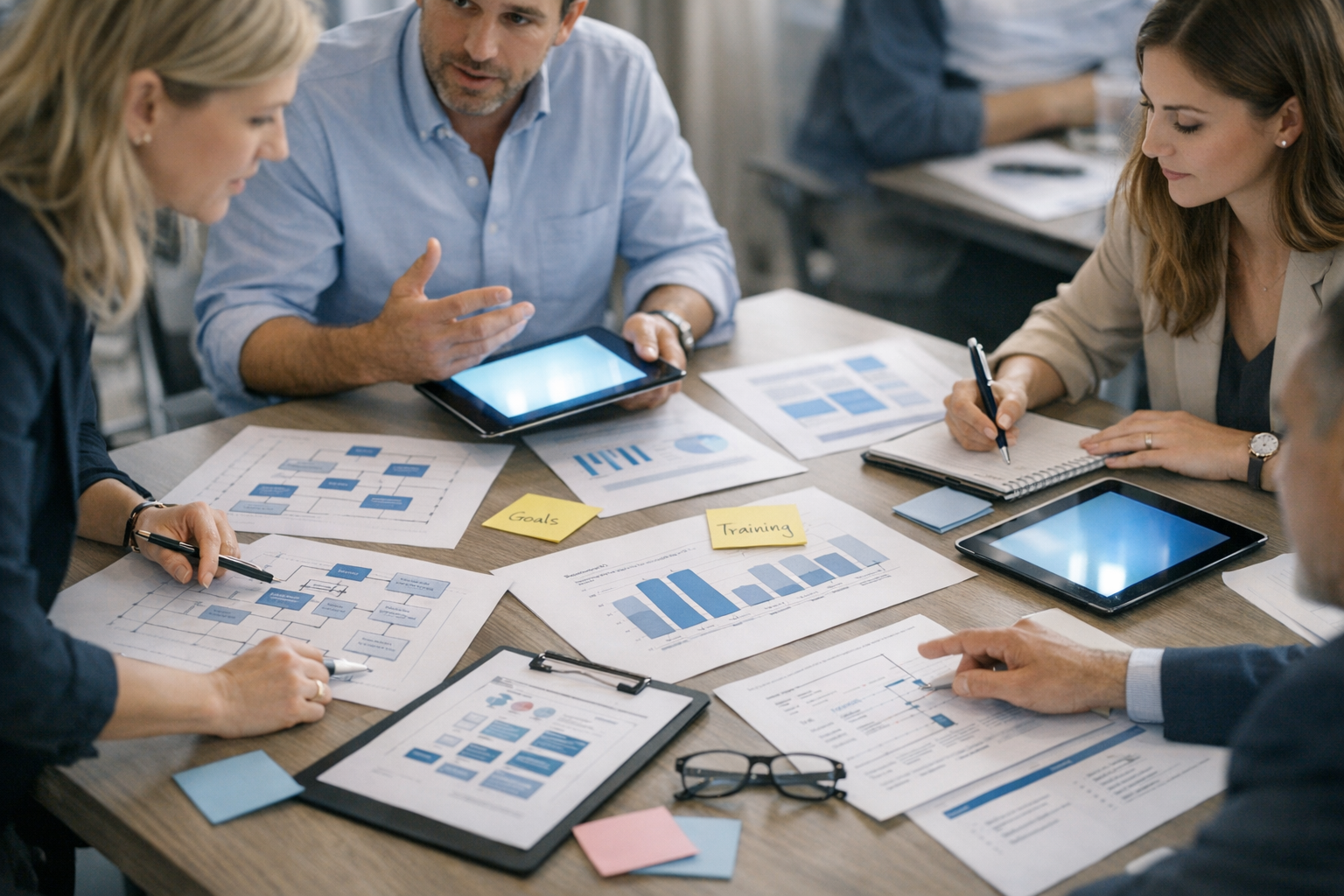 Consultants collaborating with client leadership