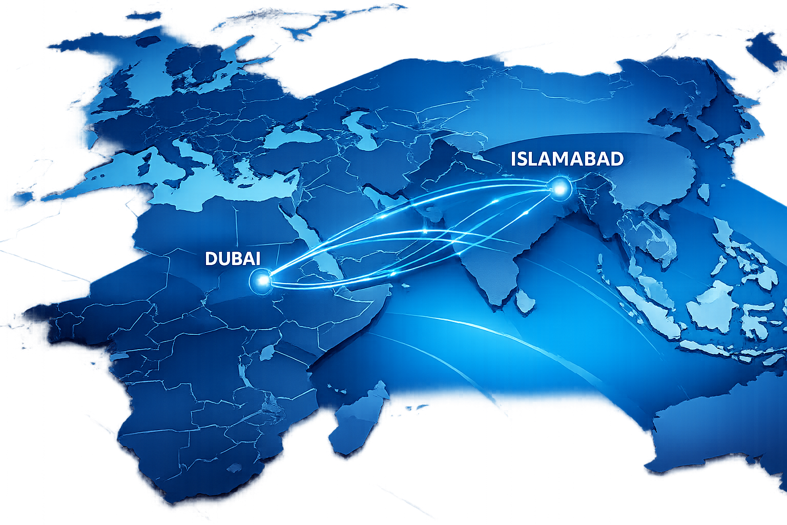 Map showing Dubai and Islamabad delivery hubs