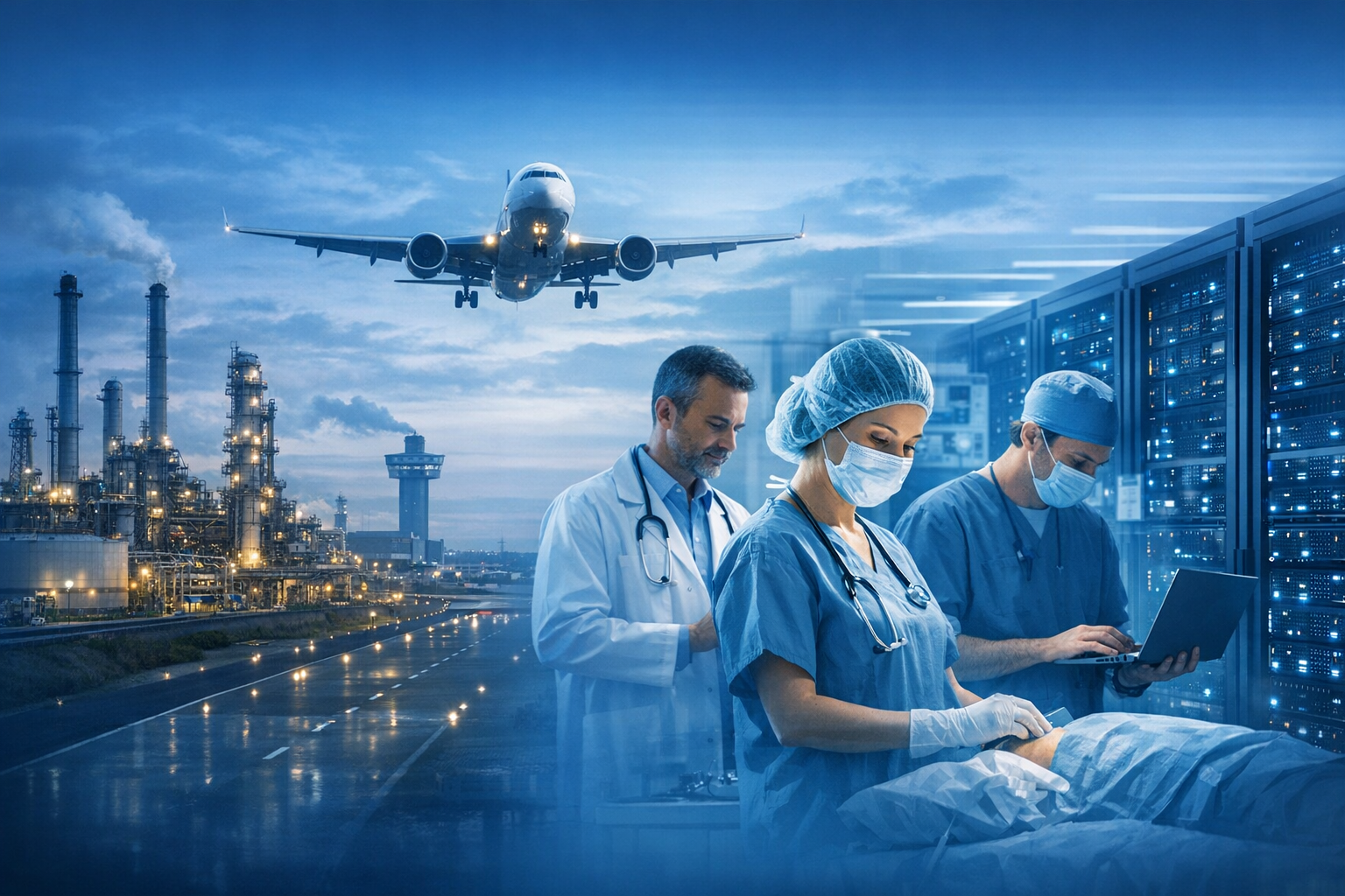 Collage of energy, aviation, healthcare, and technology sectors